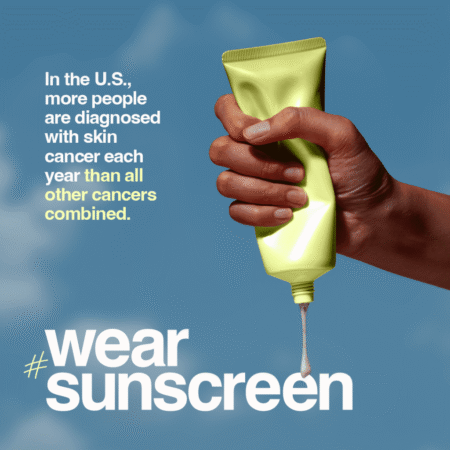 Illustration of a tube of sunscreen being squeezed, with text highlighting a skin cancer statistic and a hashtag encouraging people to wear sunscreen.