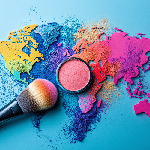 A vibrant world map crafted from colourful makeup powders and brushes. A stylish blend of beauty, art, and global inspiration.